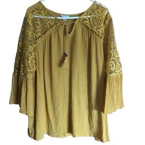 C est. 1946 Cato plus size top blouse 22/24 yellow lace semi sheer 3/4 bell slee